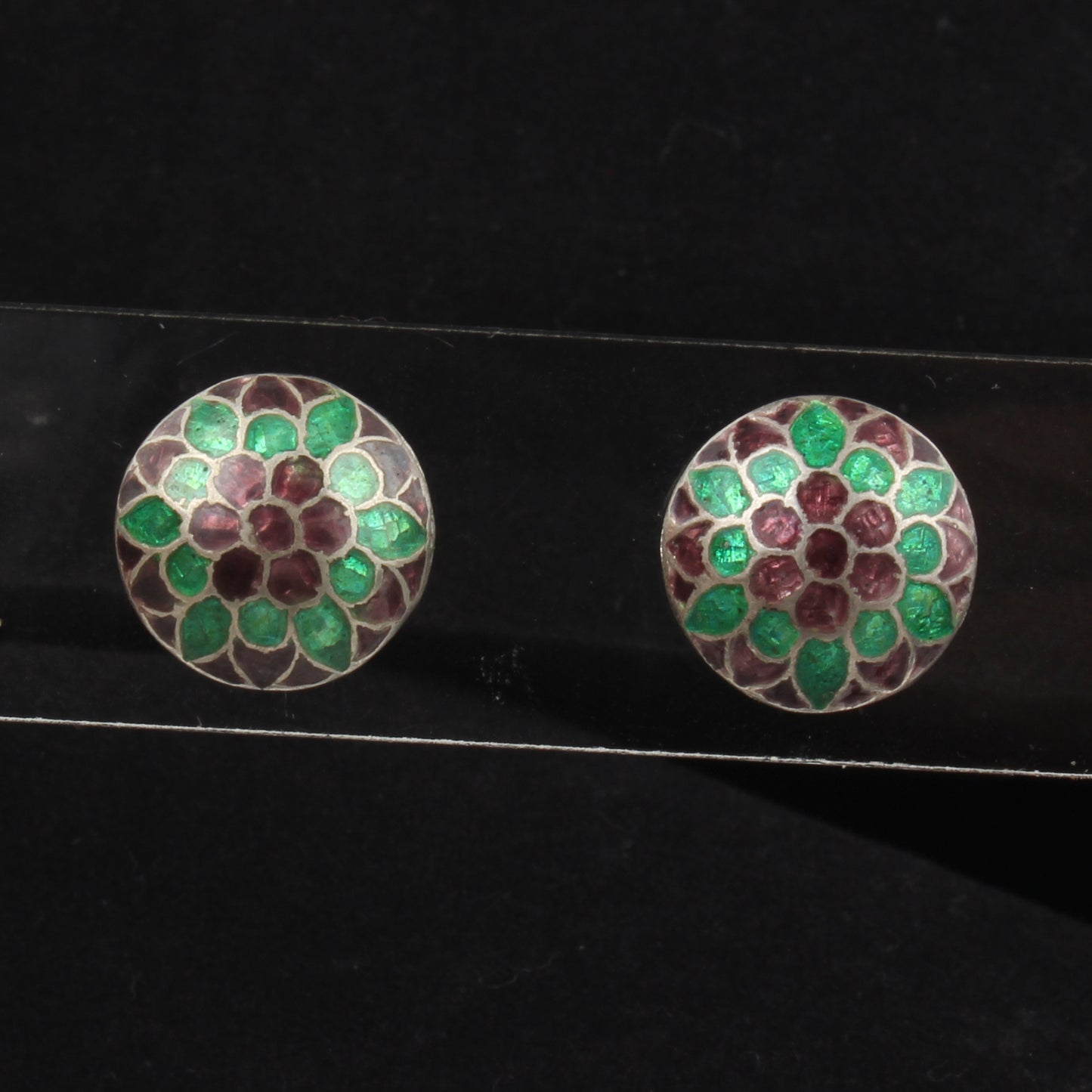 Floral Meenakari Silver Round Stud Earrings Solid 925 Sterling Silver Earrings Ear Wire Colorful Enamel Earrings