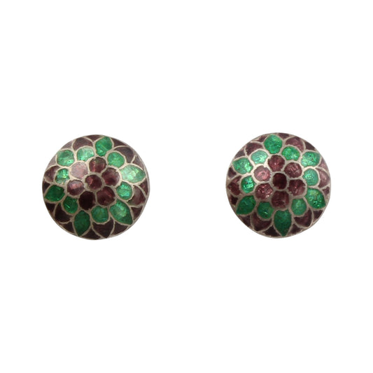 Floral Meenakari Silver Round Stud Earrings Solid 925 Sterling Silver Earrings Ear Wire Colorful Enamel Earrings