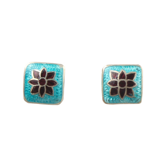 Floral Meenakari Silver Stud Earrings Solid 925 Sterling Silver Earrings Ear Wire Colorful Enamel Earrings