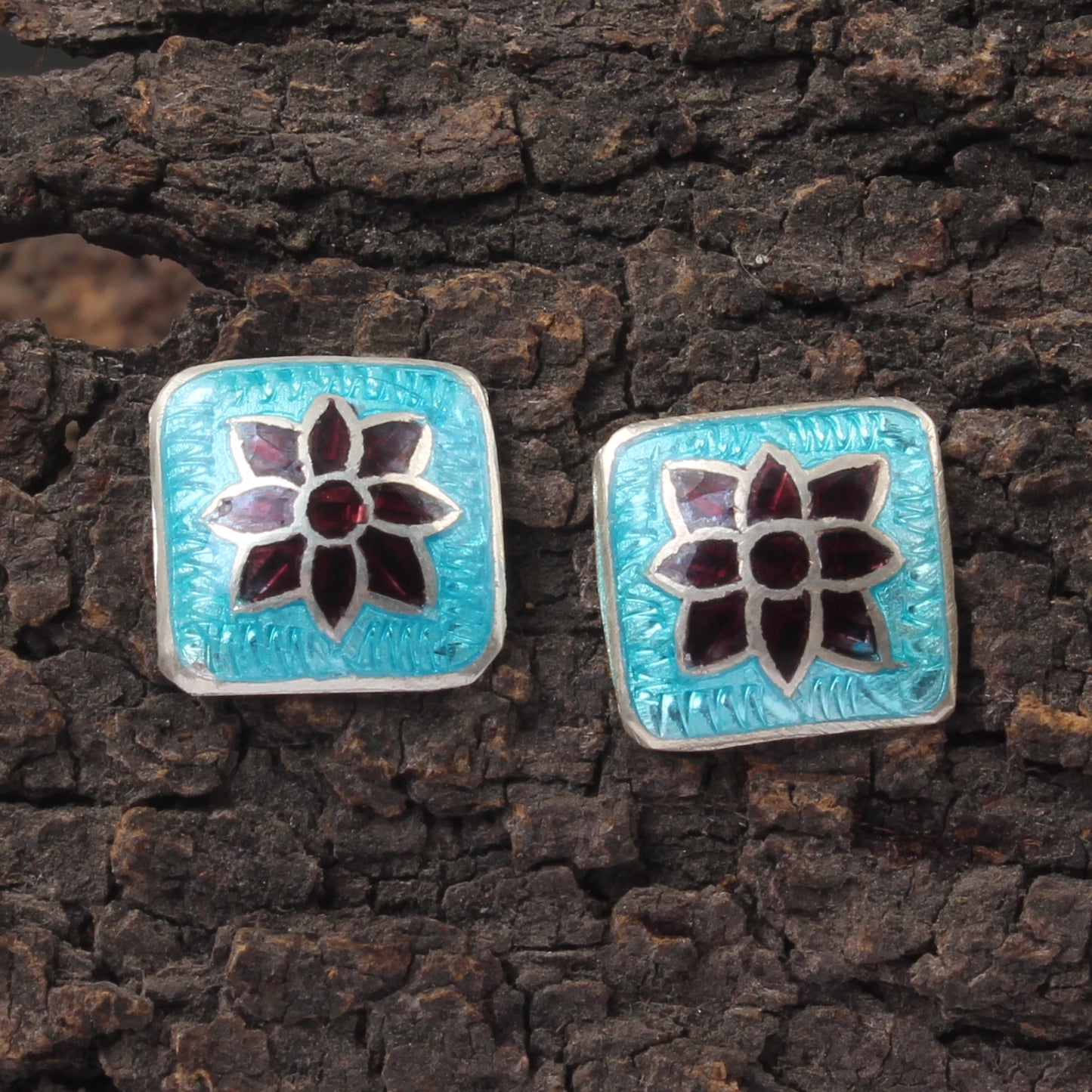 Floral Meenakari Silver Stud Earrings Solid 925 Sterling Silver Earrings Ear Wire Colorful Enamel Earrings