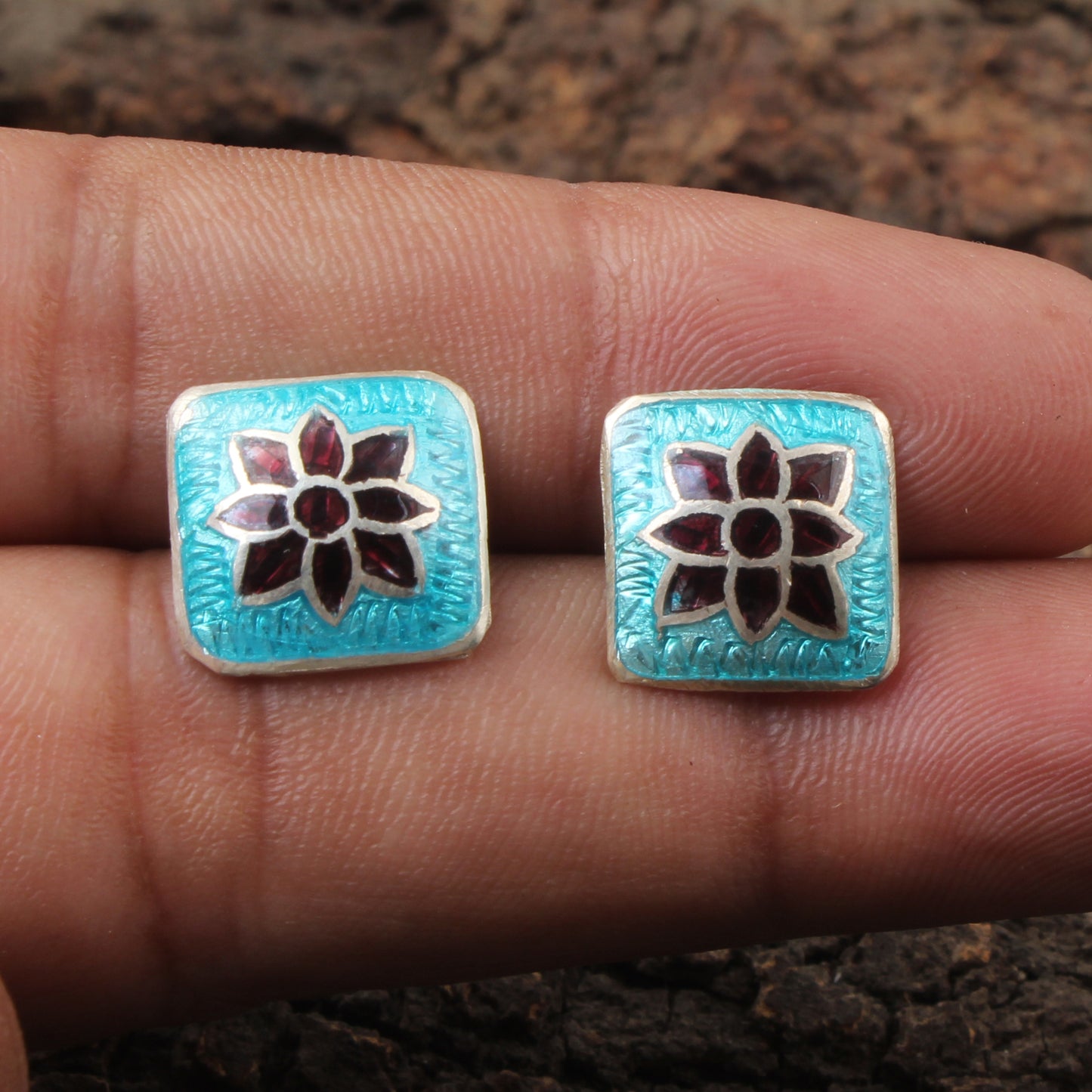 Floral Meenakari Silver Stud Earrings Solid 925 Sterling Silver Earrings Ear Wire Colorful Enamel Earrings