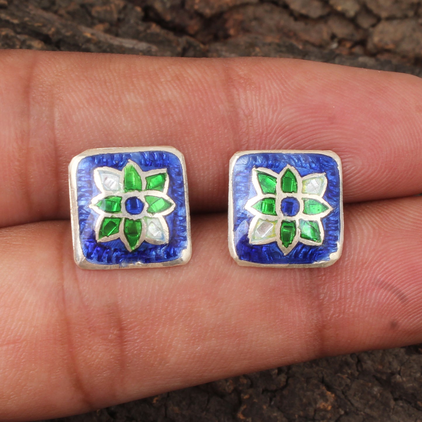 Floral Meenakari Silver Stud Earrings Minimalist 925 Sterling Silver Earrings Ear Wire Colorful Enamel Earrings