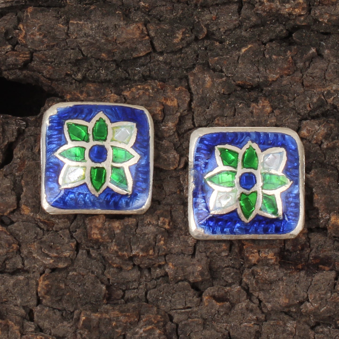 Floral Meenakari Silver Stud Earrings Minimalist 925 Sterling Silver Earrings Ear Wire Colorful Enamel Earrings