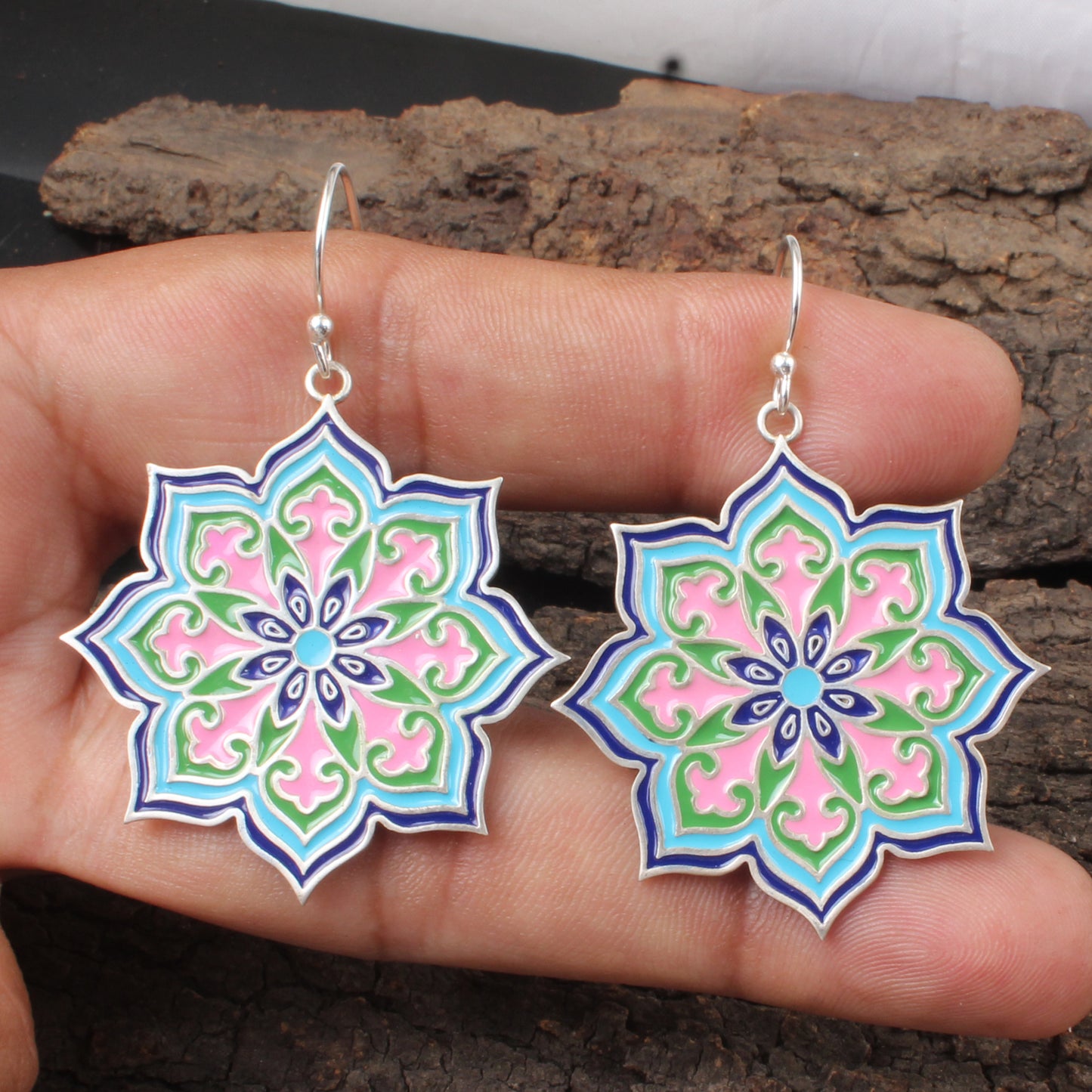 Enamel Silver Earrings Solid 925 Sterling Silver Dangle Earrings Ear Wire Colorful Enamel Earrings