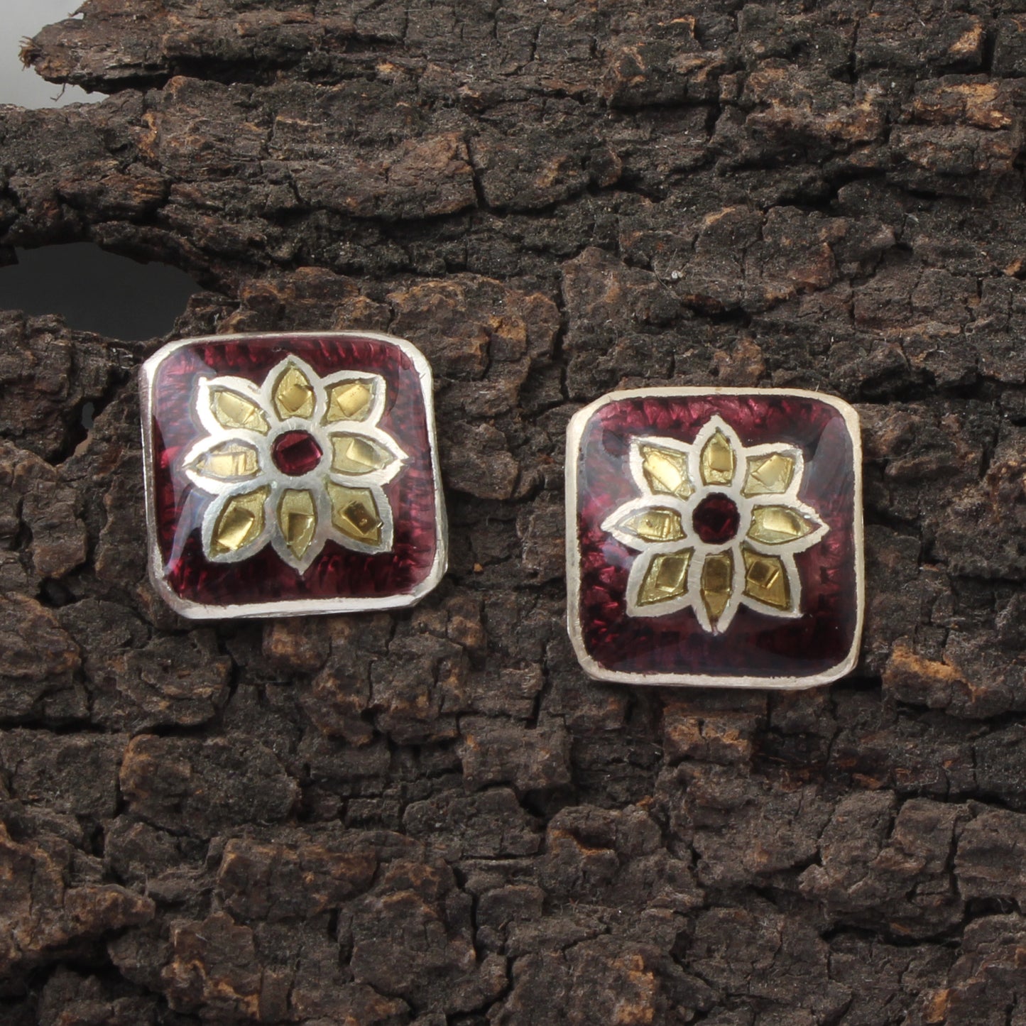 Floral Meenakari Stud Earrings Handmade Solid 925 Sterling Silver Earrings Ear Wire Enamel Earrings