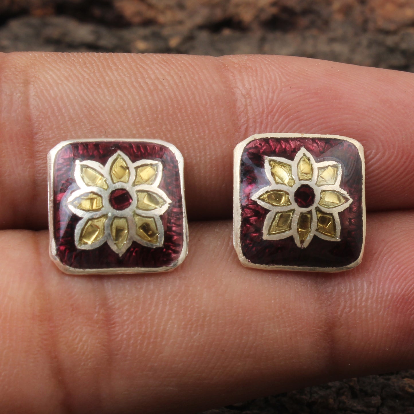 Floral Meenakari Stud Earrings Handmade Solid 925 Sterling Silver Earrings Ear Wire Enamel Earrings
