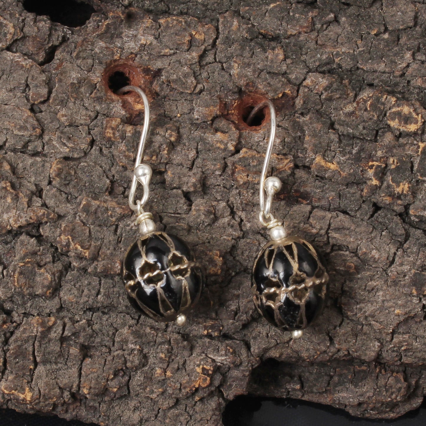 Handcrafted Dangle Silver Bead Earrings Solid 925 Sterling Silver Earrings Ear Wire Enamel Earrings