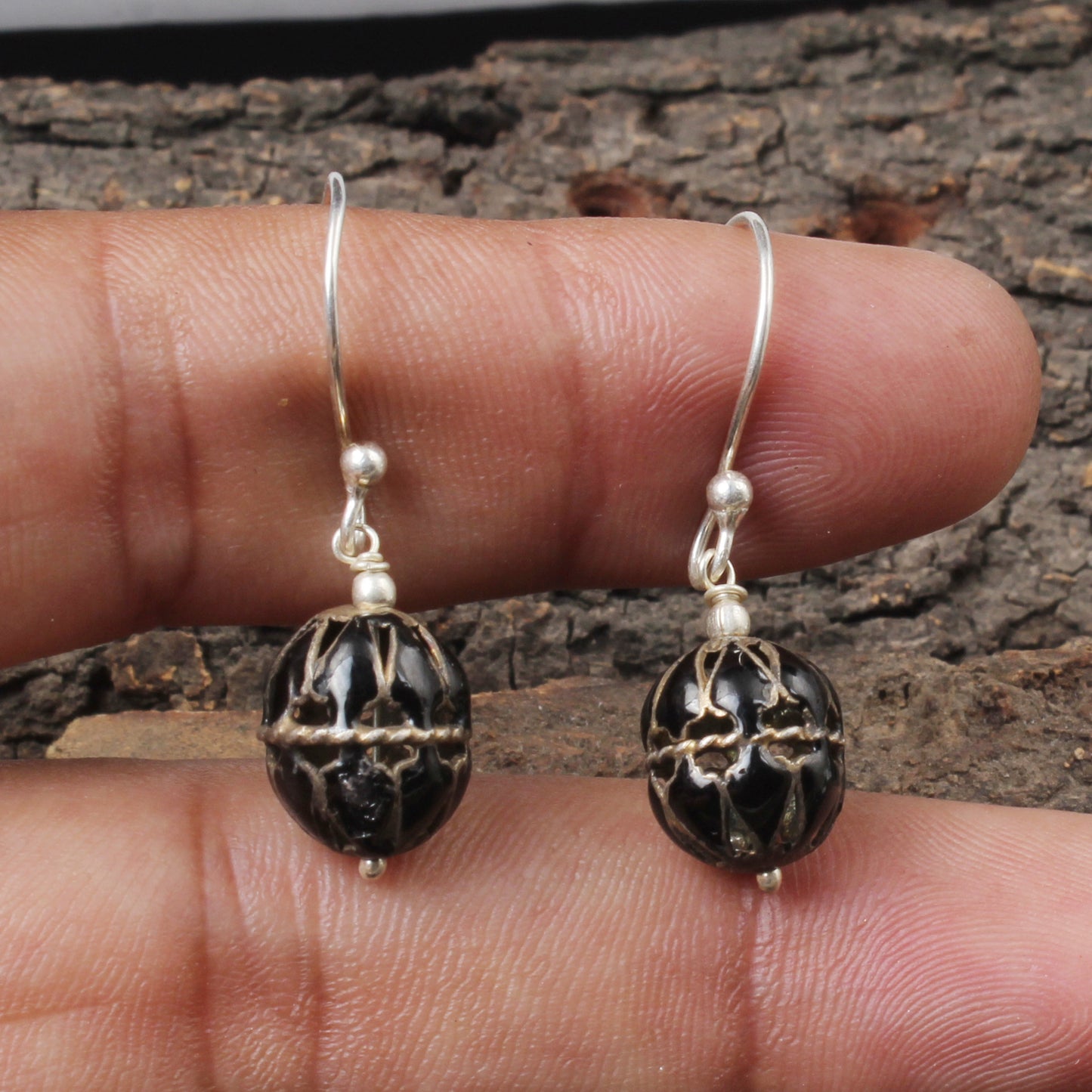 Handcrafted Dangle Silver Bead Earrings Solid 925 Sterling Silver Earrings Ear Wire Enamel Earrings