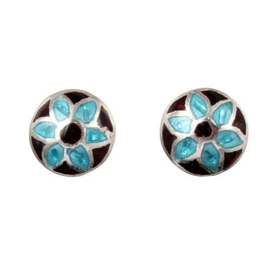 Minimalist Vintage Enamel Stud Earrings Floral Meenakari Silver Stud Earrings Handmade 925 Sterling Silver Studs