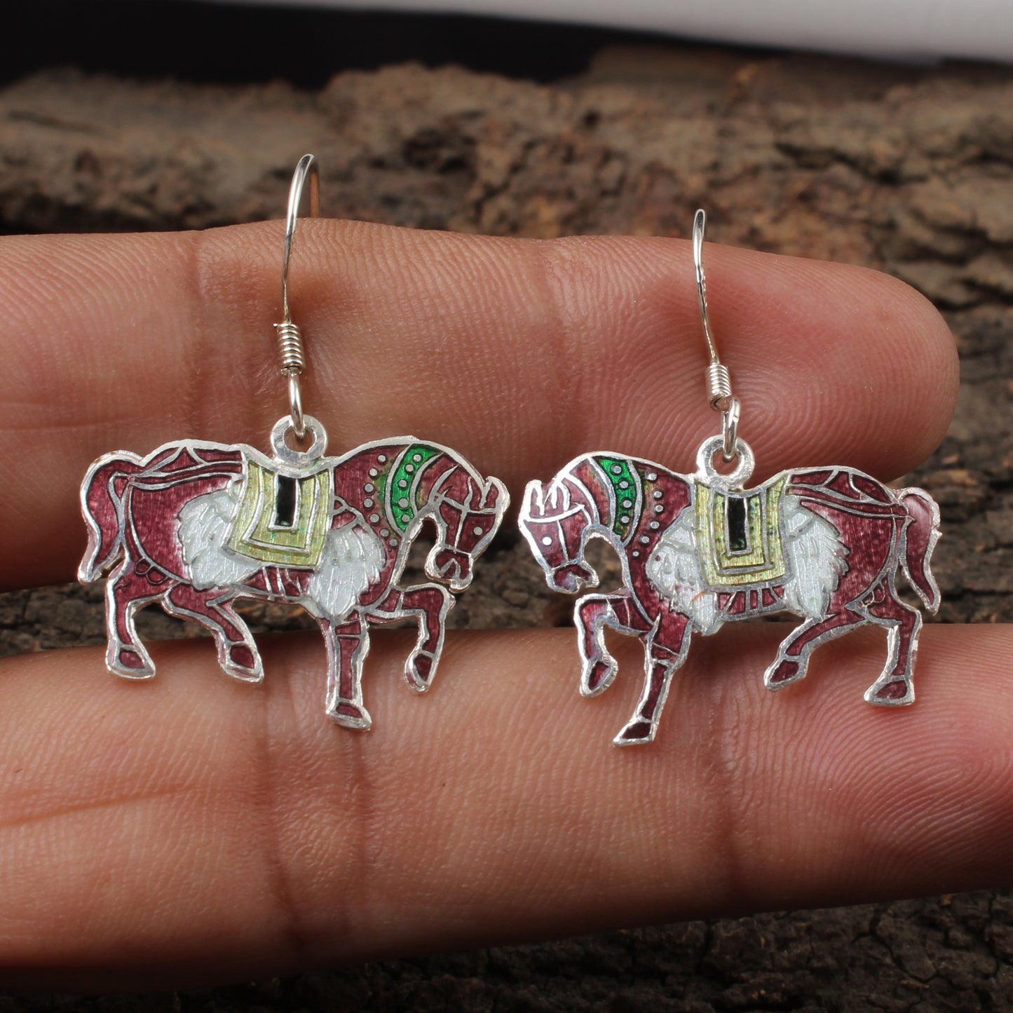 Horse Enamel Silver Earrings Solid 925 Sterling Silver Dangle Earrings Ear Wire Colorful Enamel Earrings