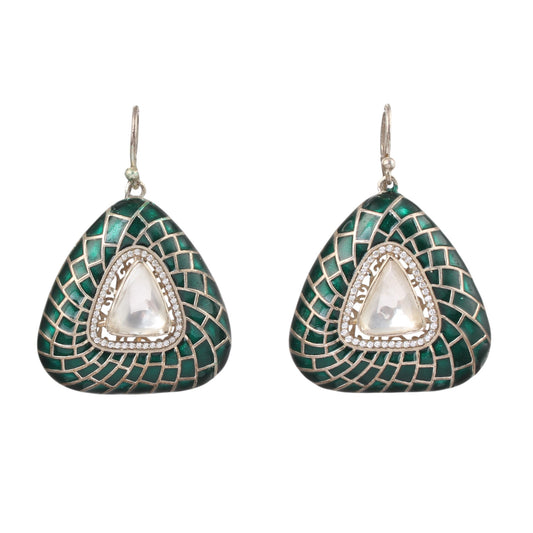 Designer Dangle Silver Enamel Earrings Solid 925 Sterling Silver Earrings Ear Wire Meenakari Earrings