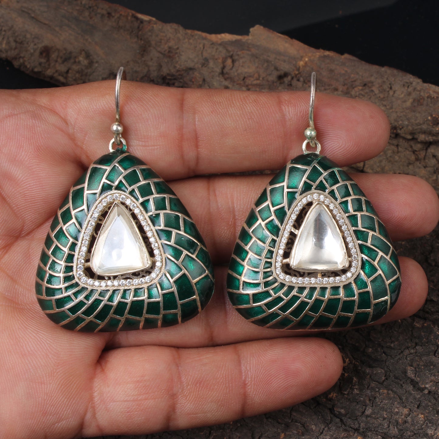 Designer Dangle Silver Enamel Earrings Solid 925 Sterling Silver Earrings Ear Wire Meenakari Earrings