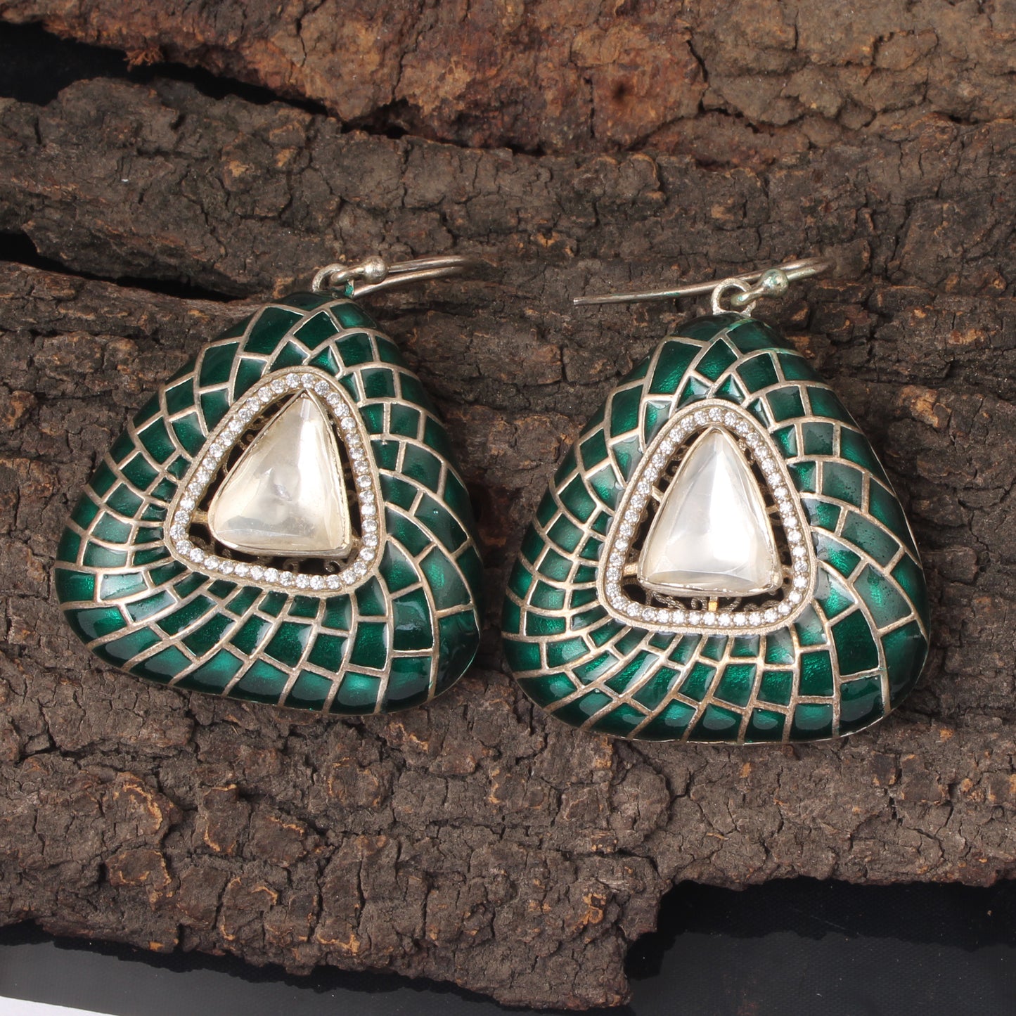 Designer Dangle Silver Enamel Earrings Solid 925 Sterling Silver Earrings Ear Wire Meenakari Earrings