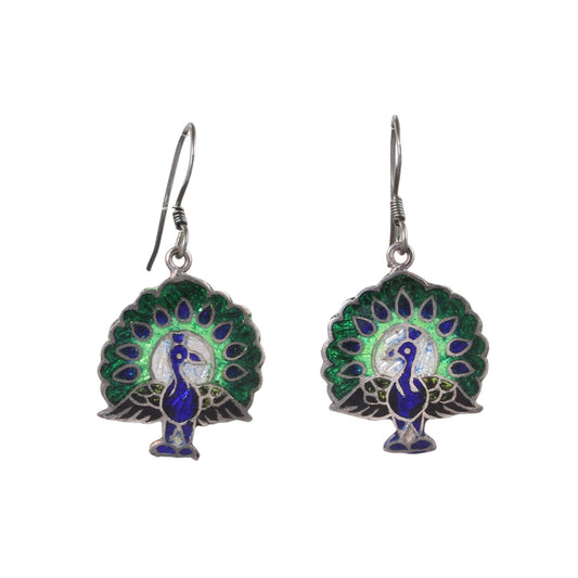 Peacock Enamel Silver Earrings Solid 925 Sterling Silver Dangle Earrings Ear Wire Colorful Enamel Earrings