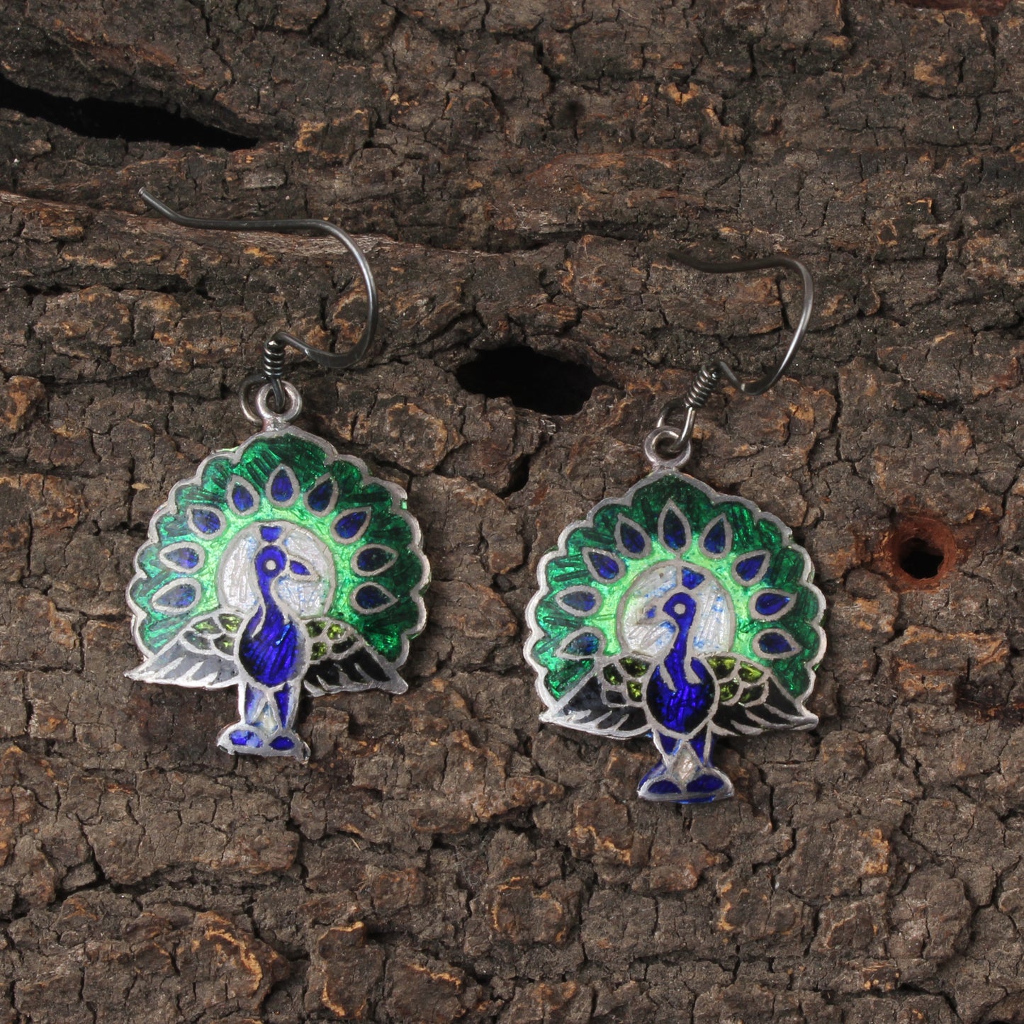 Peacock Enamel Silver Earrings Solid 925 Sterling Silver Dangle Earrings Ear Wire Colorful Enamel Earrings