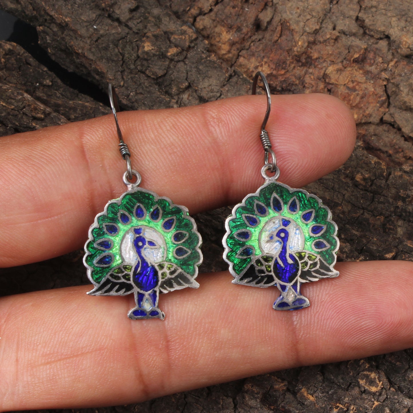 Peacock Enamel Silver Earrings Solid 925 Sterling Silver Dangle Earrings Ear Wire Colorful Enamel Earrings