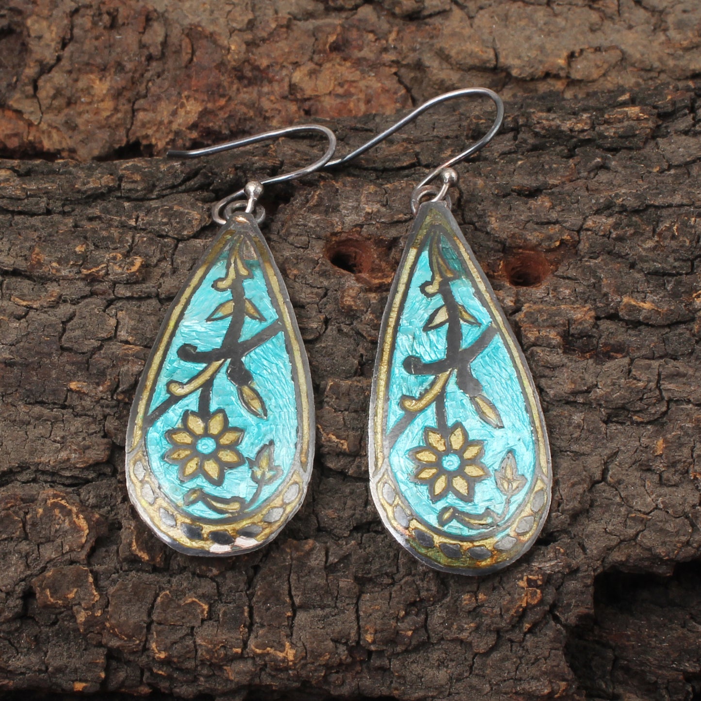 Floral Enamel Silver Earrings Solid 925 Sterling Silver Dangle Ear Wire Meenakari Enamel Earrings