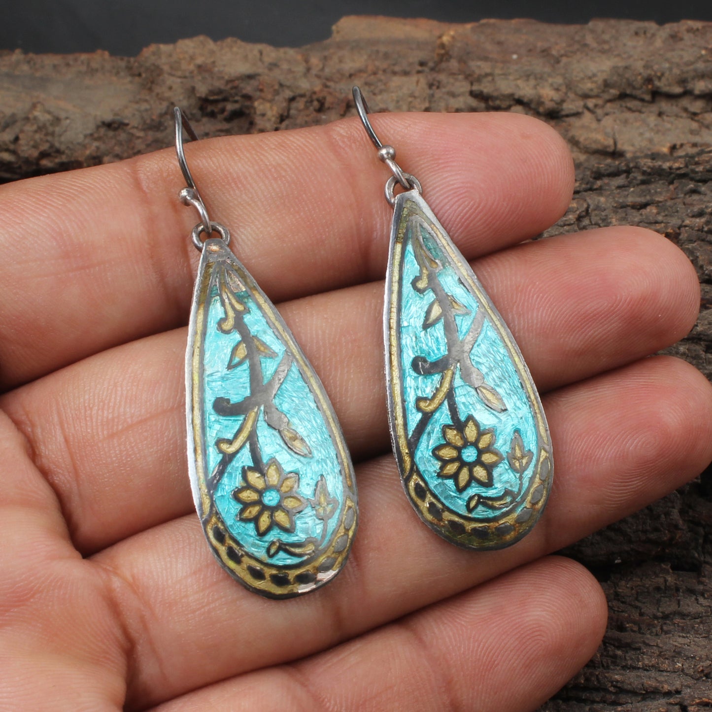 Floral Enamel Silver Earrings Solid 925 Sterling Silver Dangle Ear Wire Meenakari Enamel Earrings