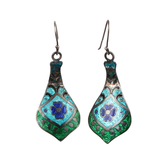 Designer Dangle Silver Enamel Earrings 925 Sterling Silver Earrings Ear Wire Meenakari Earrings