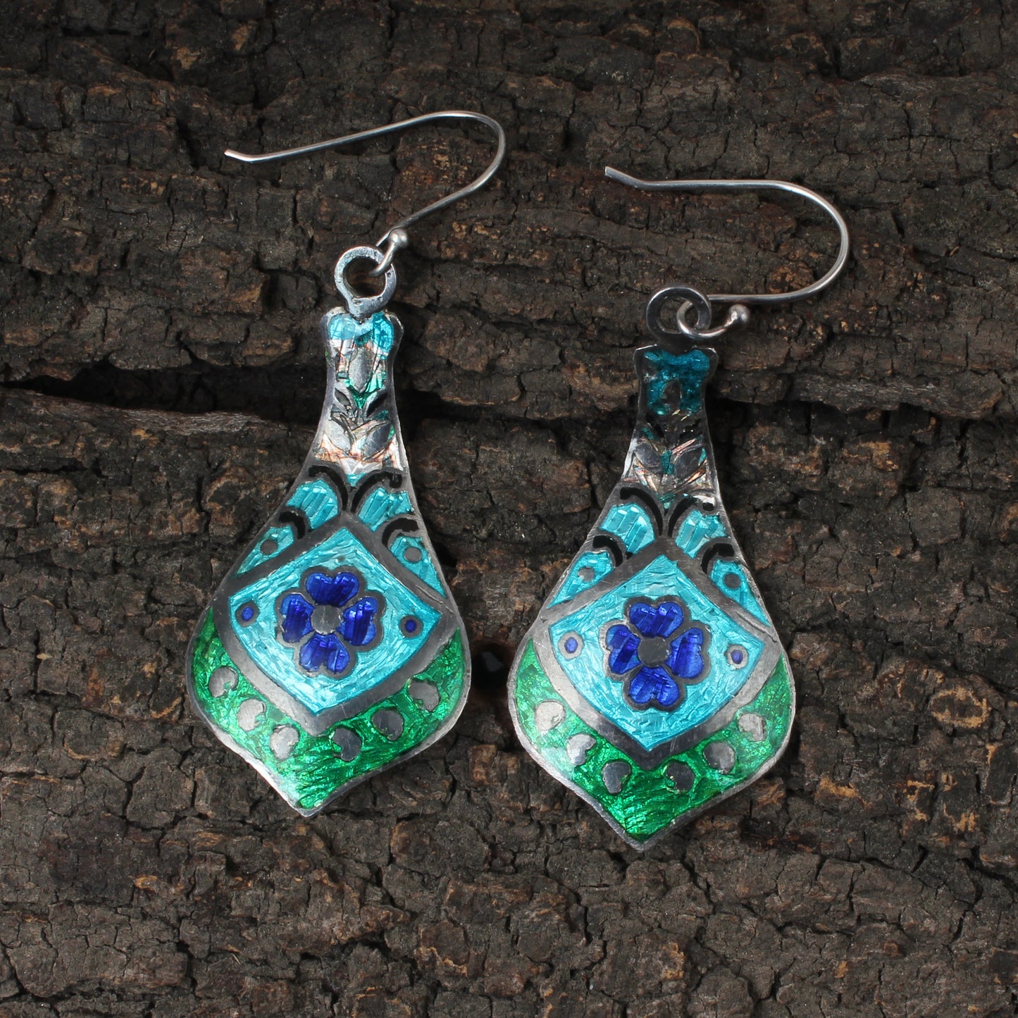 Designer Dangle Silver Enamel Earrings 925 Sterling Silver Earrings Ear Wire Meenakari Earrings