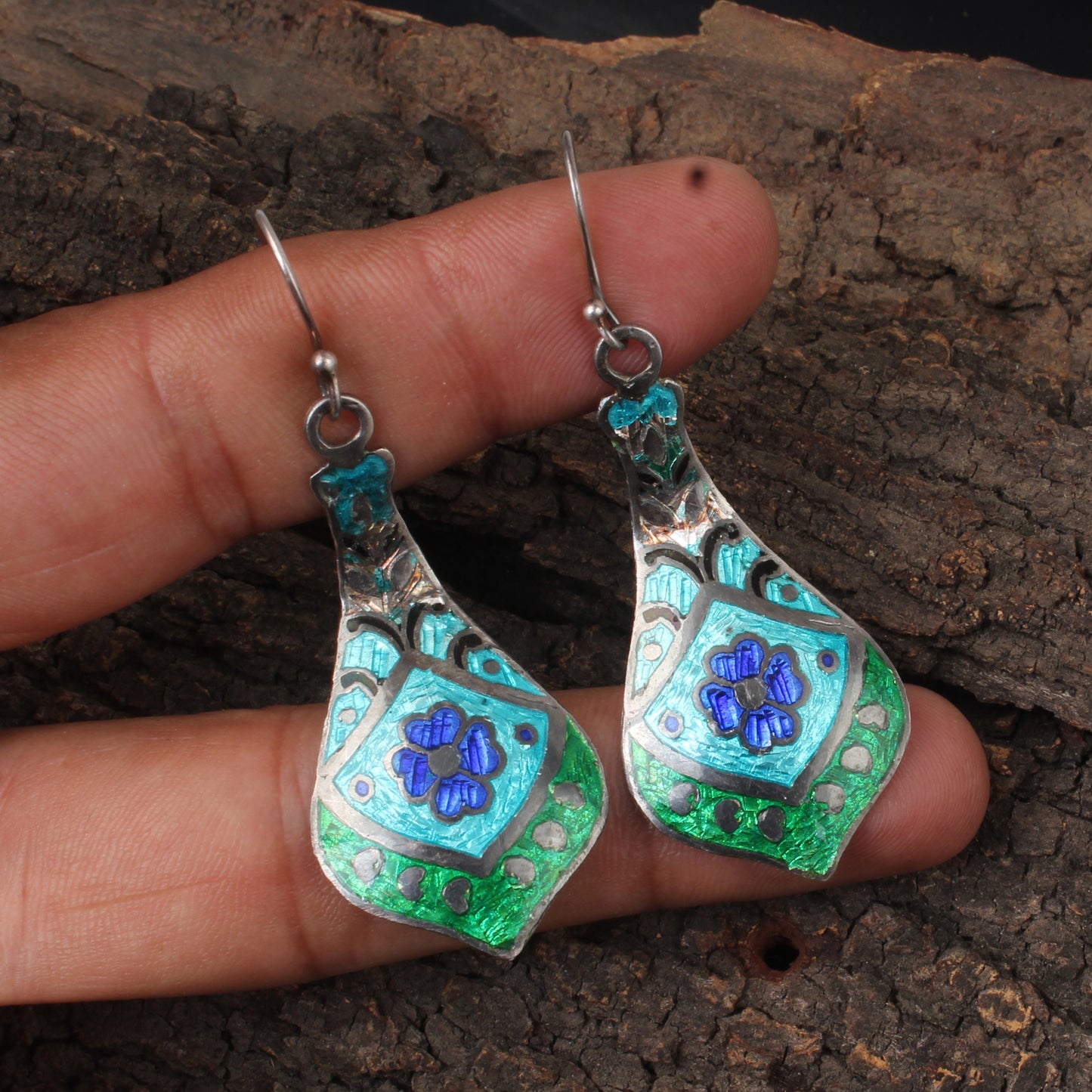 Designer Dangle Silver Enamel Earrings 925 Sterling Silver Earrings Ear Wire Meenakari Earrings