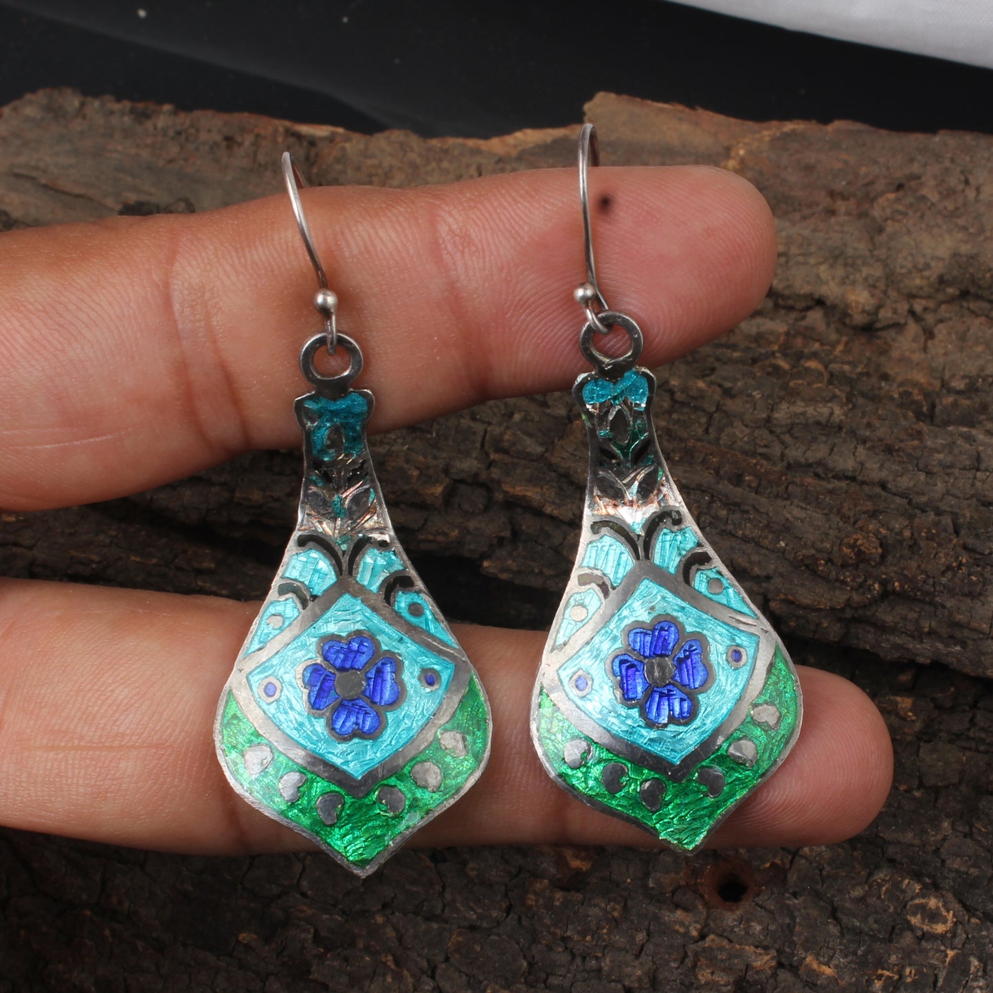 Designer Dangle Silver Enamel Earrings 925 Sterling Silver Earrings Ear Wire Meenakari Earrings