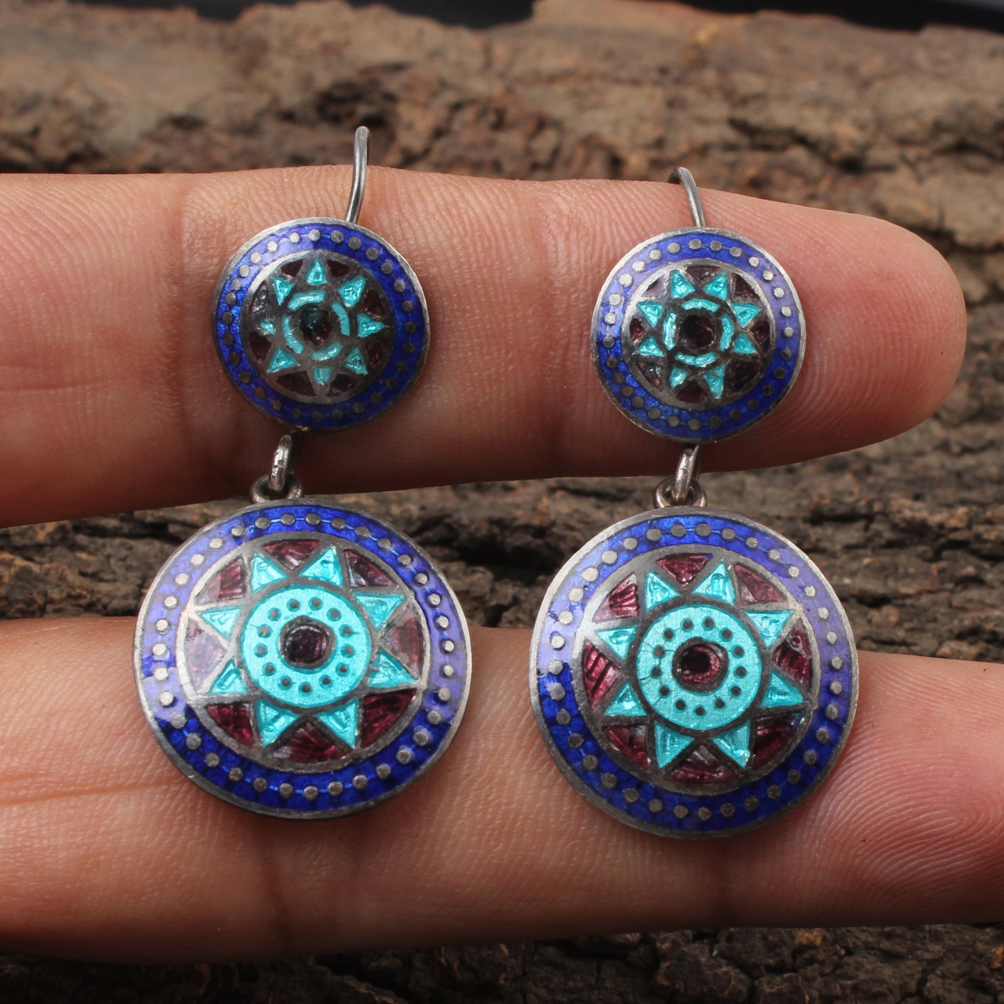 Designer Dangle Silver Enamel Earrings 925 Sterling Silver Earrings Ear Wire Traditional Meenakari Earrings