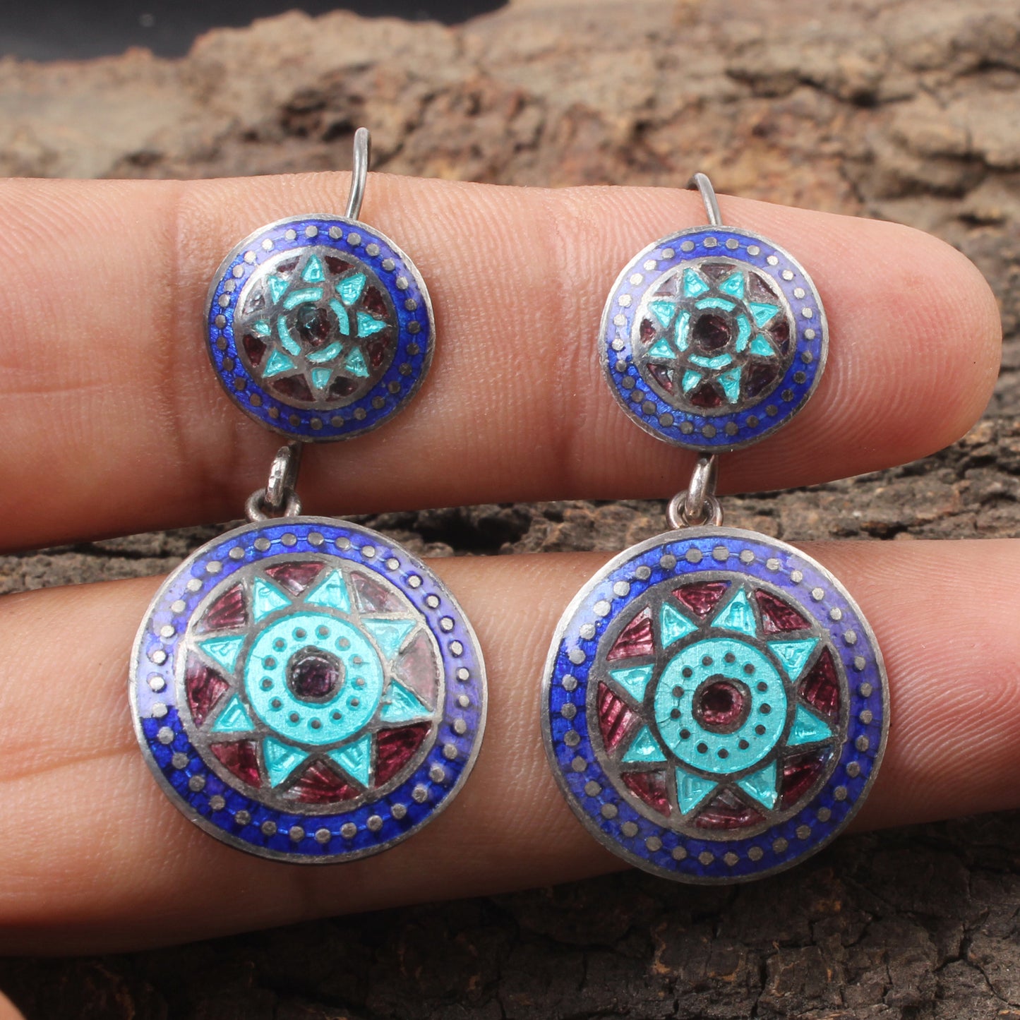 Designer Dangle Silver Enamel Earrings 925 Sterling Silver Earrings Ear Wire Traditional Meenakari Earrings