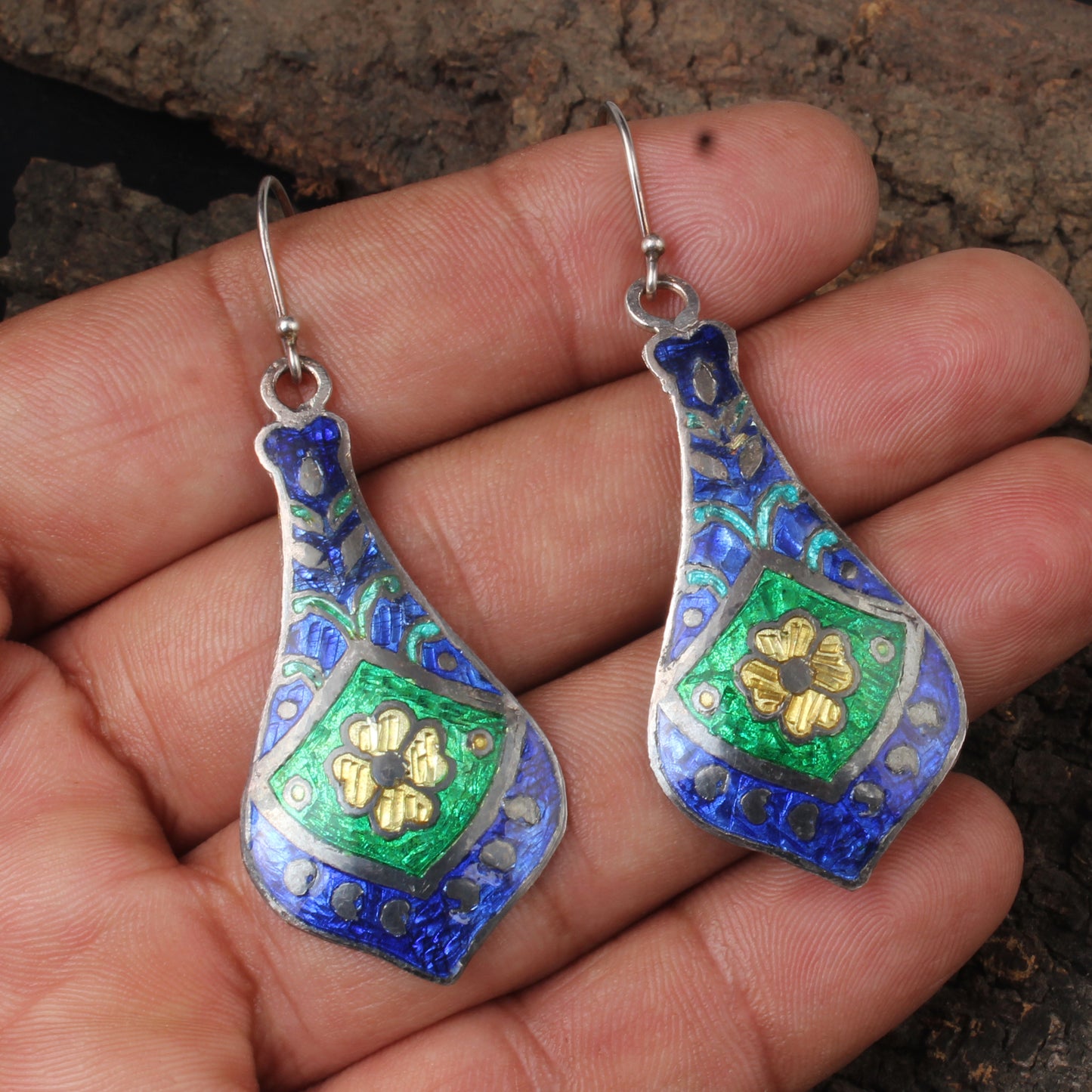 Designer Silver Enamel Earrings Traditional 925 Sterling Silver Earrings Ear Wire Meenakari Earrings