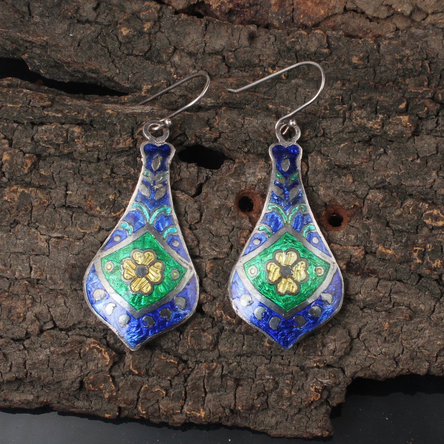 Designer Silver Enamel Earrings Traditional 925 Sterling Silver Earrings Ear Wire Meenakari Earrings