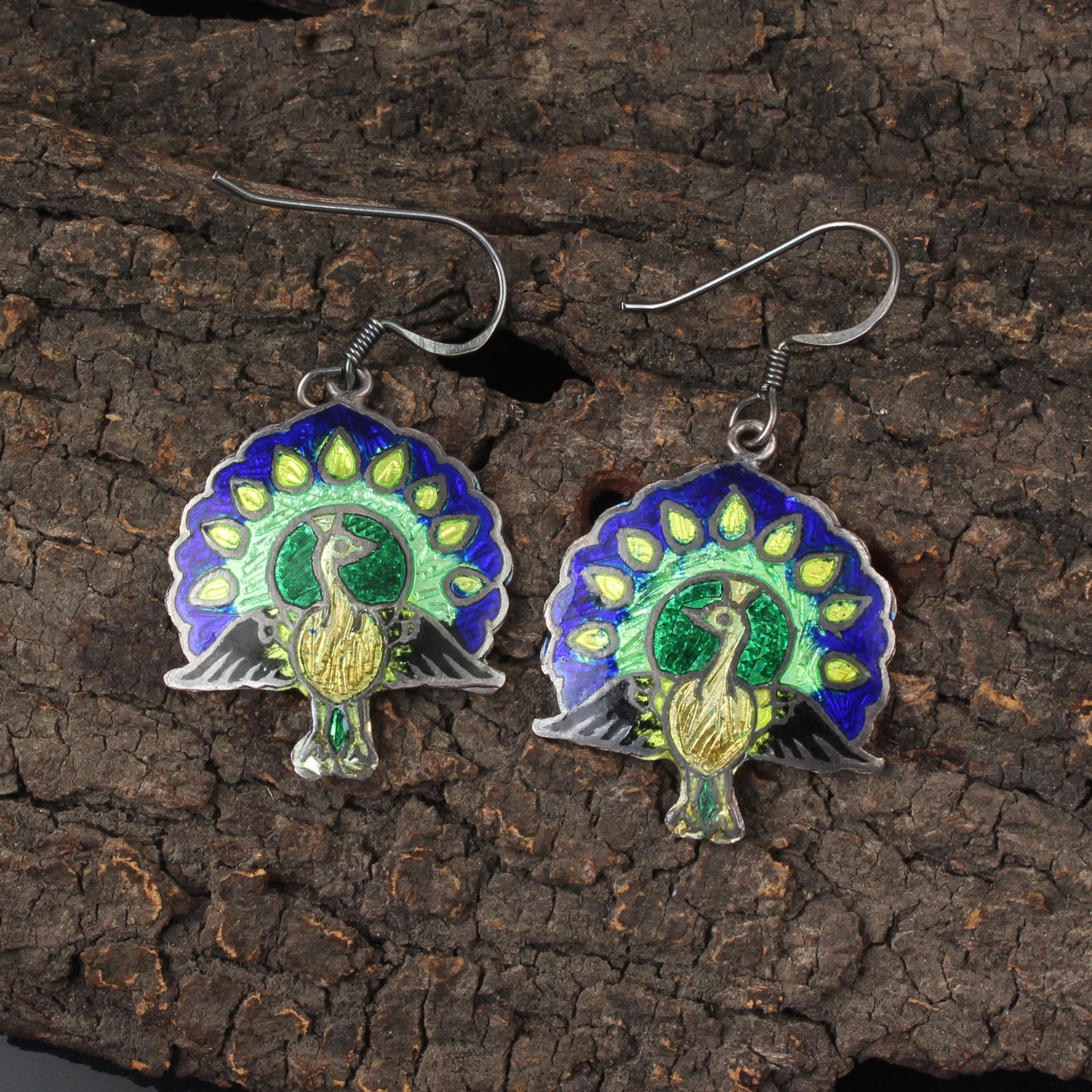 Peacock Enamel Silver Earrings Nature Love 925 Sterling Silver Dangle Earrings Ear Wire Colorful Enamel Earrings