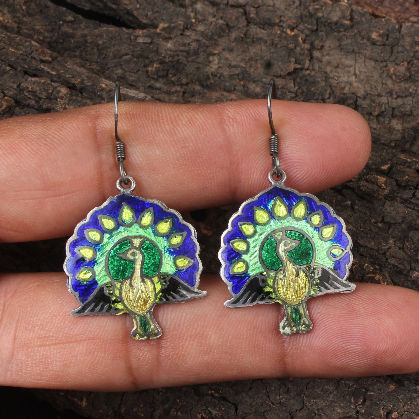 Peacock Enamel Silver Earrings Nature Love 925 Sterling Silver Dangle Earrings Ear Wire Colorful Enamel Earrings