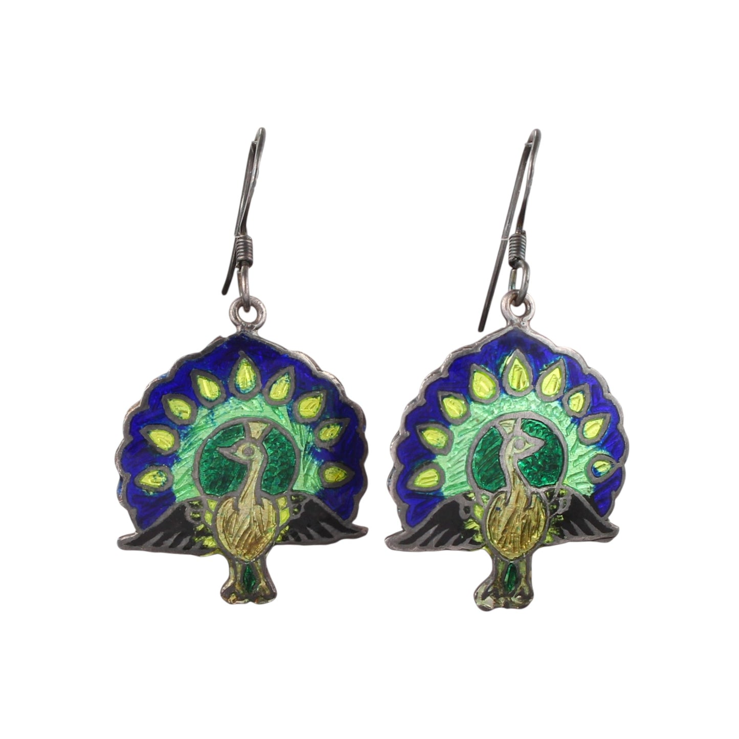 Peacock Enamel Silver Earrings Nature Love 925 Sterling Silver Dangle Earrings Ear Wire Colorful Enamel Earrings