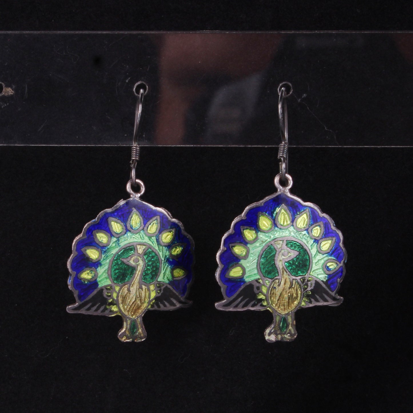 Peacock Enamel Silver Earrings Nature Love 925 Sterling Silver Dangle Earrings Ear Wire Colorful Enamel Earrings