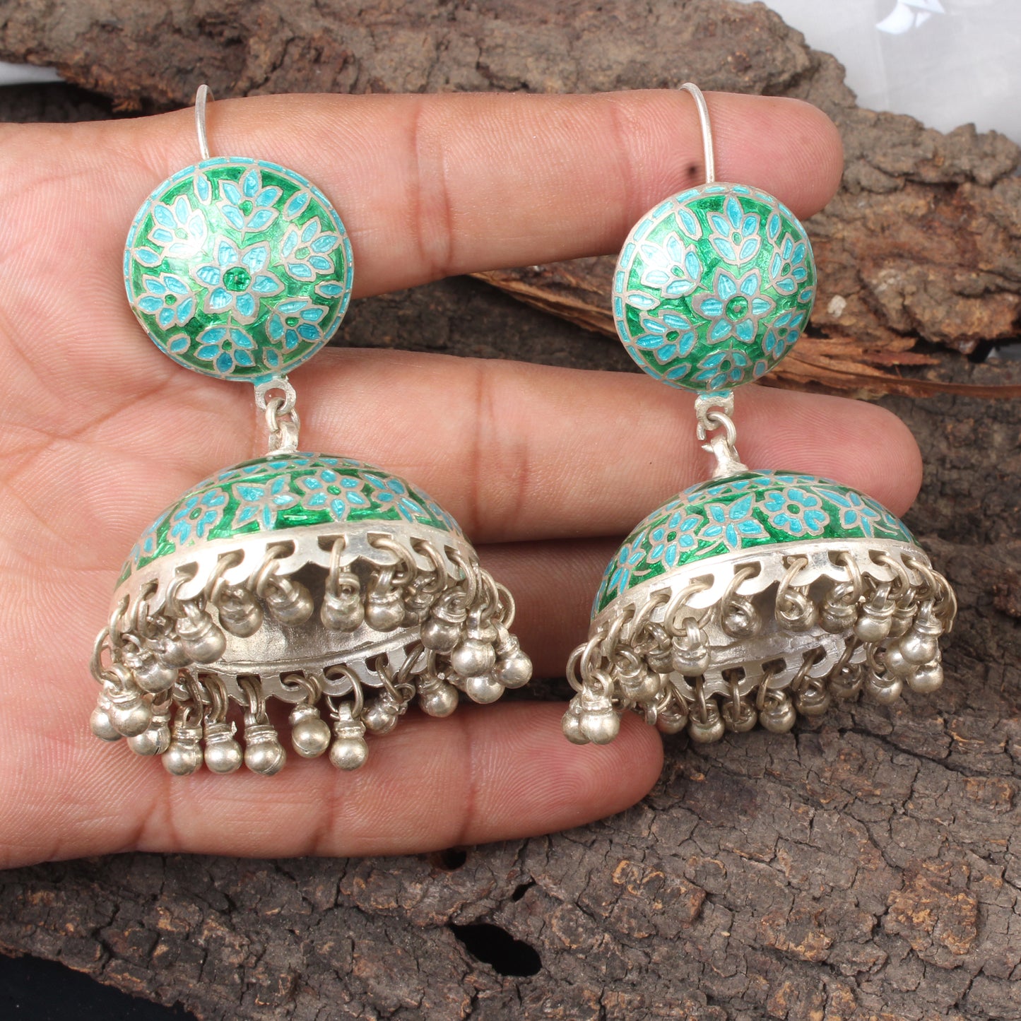 Traditional Jhumka Earrings Handmade 925 Sterling Silver Enamel Meenakari Earrings Jewelry