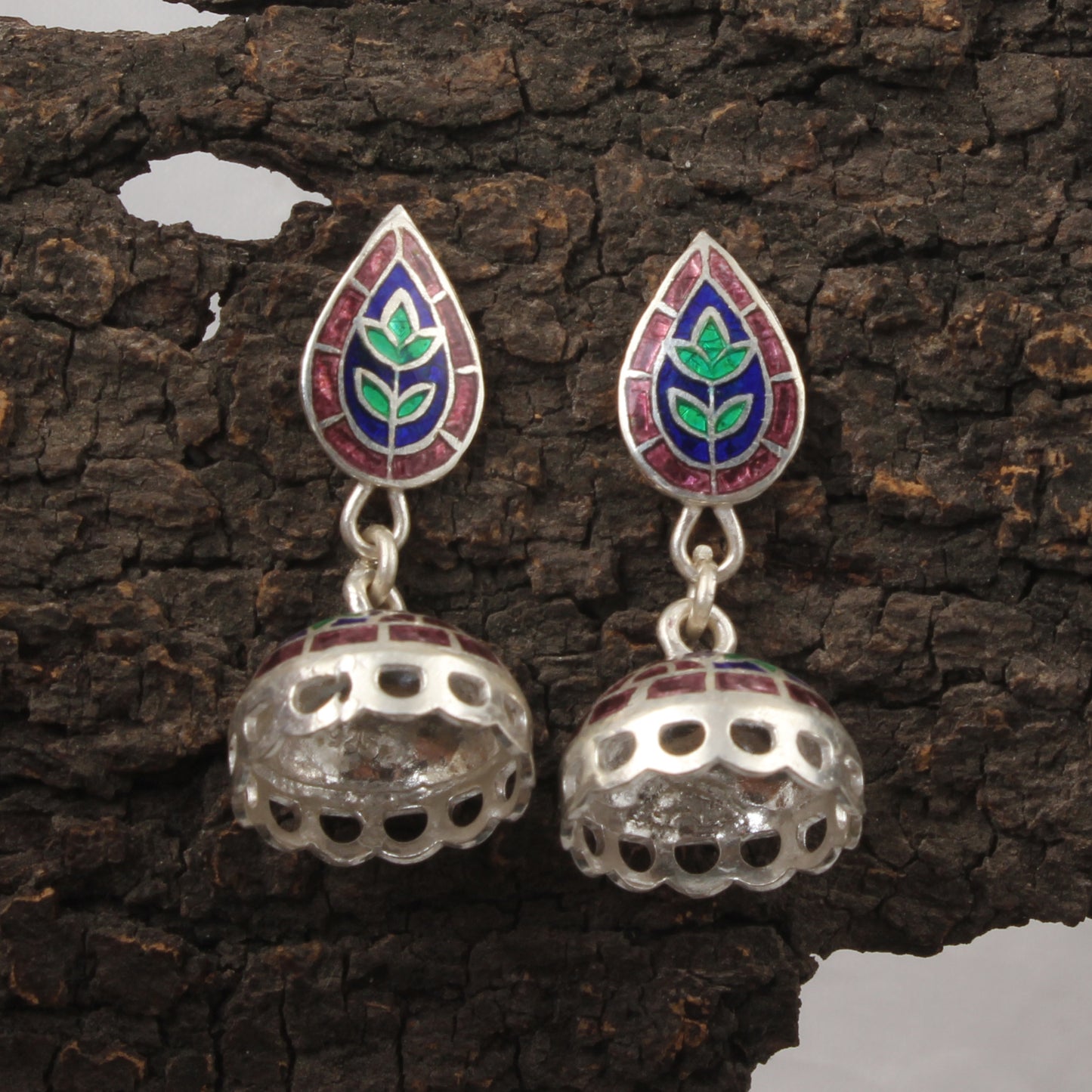Traditional Jhumka Dangle Earrings Handmade 925 Sterling Silver Enamel Meenakari Earrings Jewelry