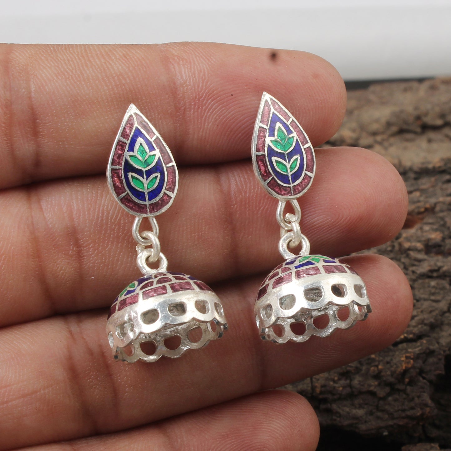 Traditional Jhumka Dangle Earrings Handmade 925 Sterling Silver Enamel Meenakari Earrings Jewelry
