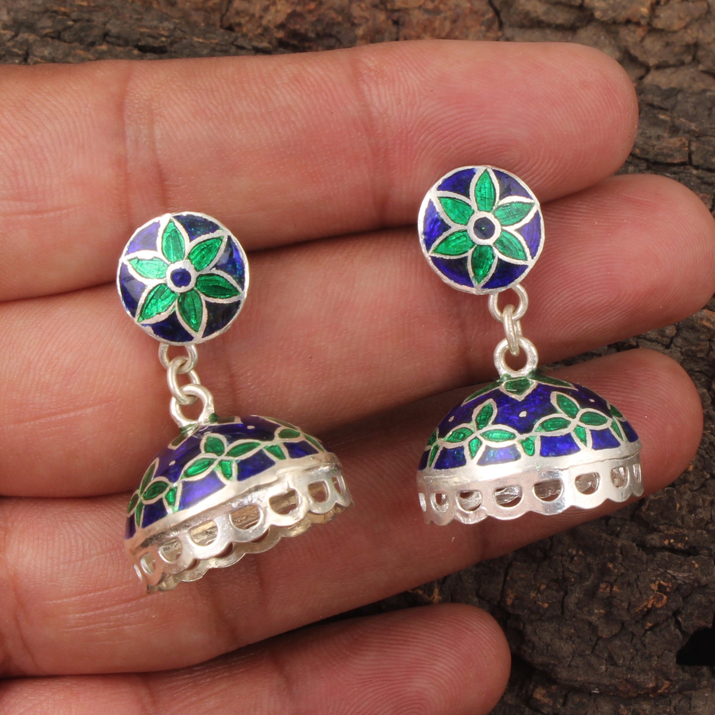 Ethnic Wear Jhumka Dangle Earrings Handmade 925 Sterling Silver Enamel Meenakari Earrings Jewelry