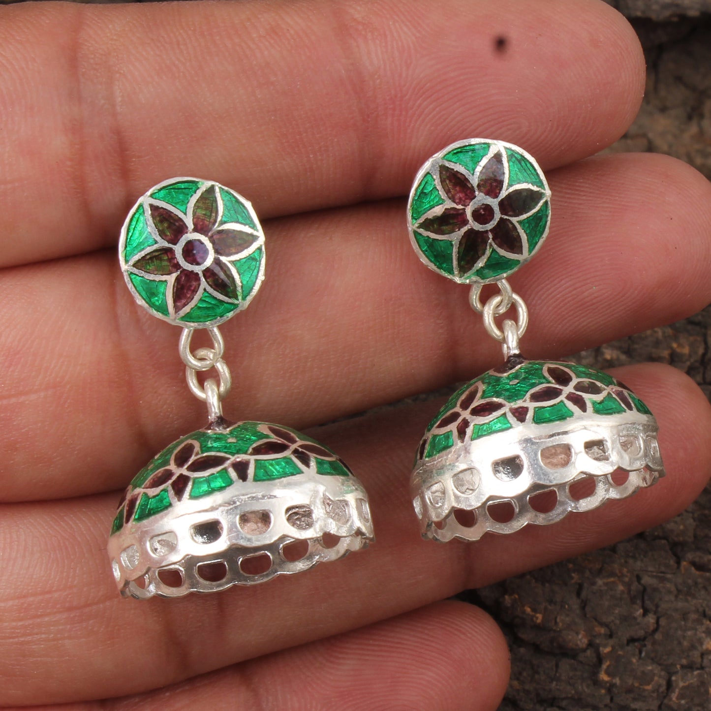 Ethnic Wear Jhumka Dangle Earrings Handmade 925 Sterling Silver Meenakari Enamelled Earrings