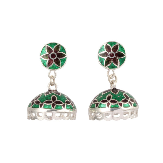 Ethnic Wear Jhumka Dangle Earrings Handmade 925 Sterling Silver Meenakari Enamelled Earrings