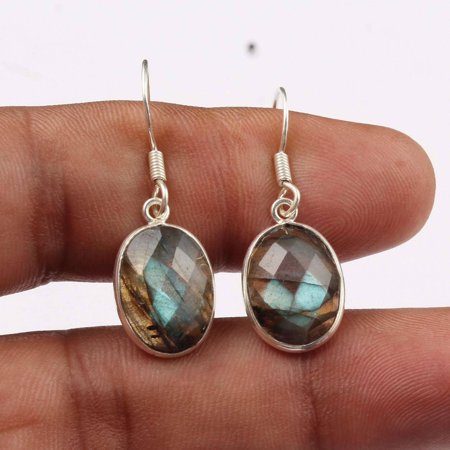 Faceted Labradorite Earrings Handmade Bezel 925 Sterling Silver Oval Gemstone Earrings Jewelry Gift For Her