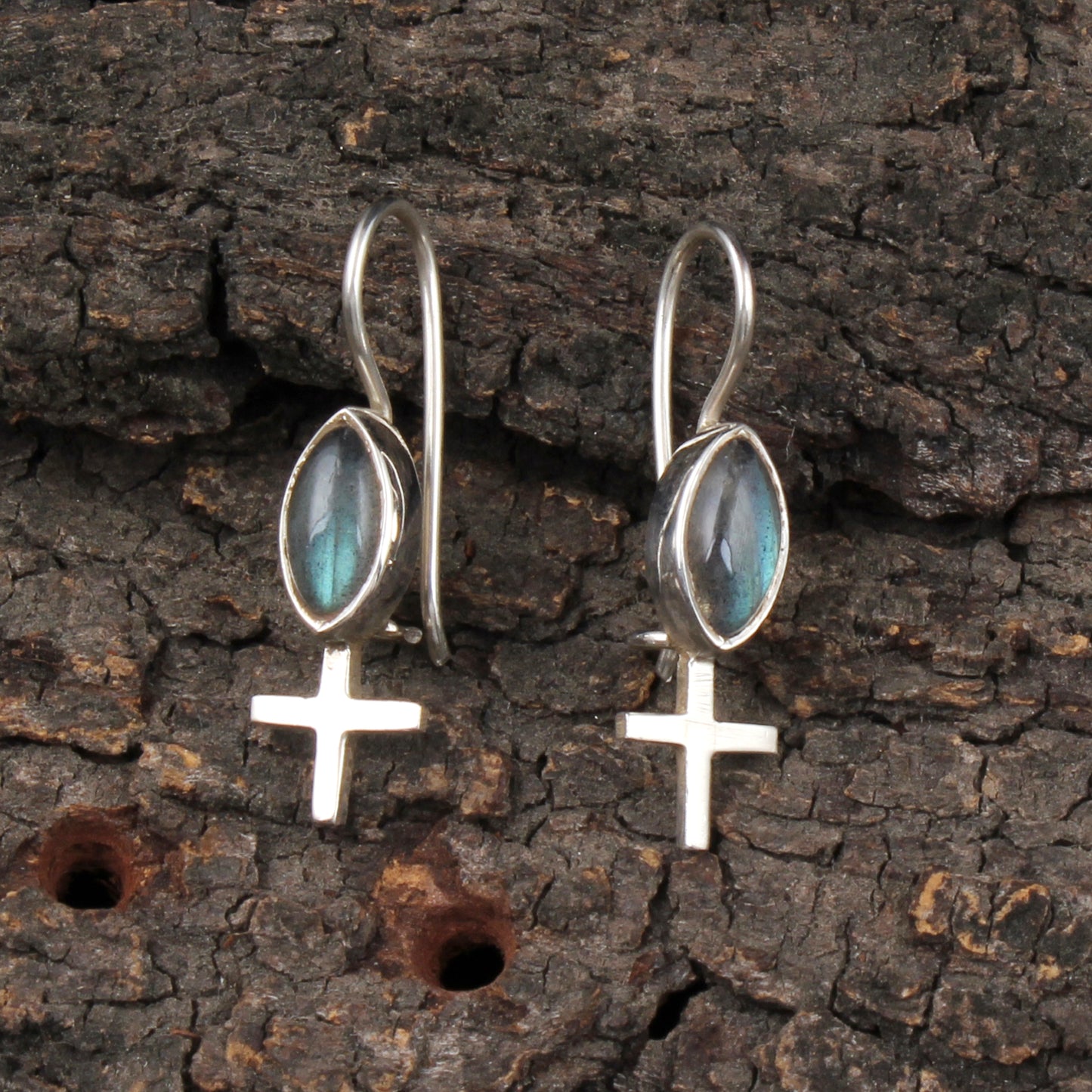 Labradorite Earrings with Cross Charm Handmade Dangle 925 Sterling Silver Natural Gemstone Earrings