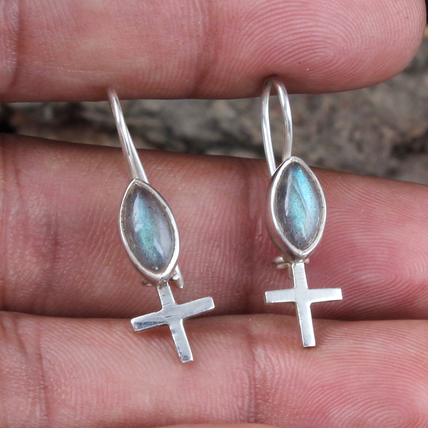 Labradorite Earrings with Cross Charm Handmade Dangle 925 Sterling Silver Natural Gemstone Earrings