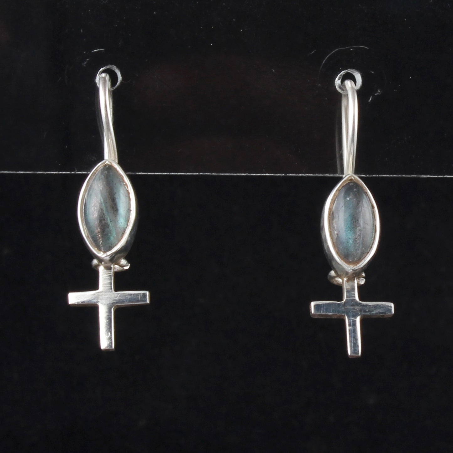 Labradorite Earrings with Cross Charm Handmade Dangle 925 Sterling Silver Natural Gemstone Earrings