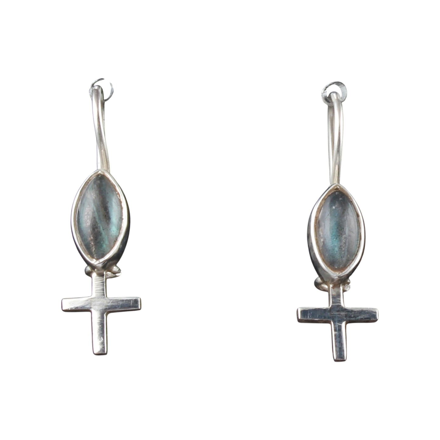 Labradorite Earrings with Cross Charm Handmade Dangle 925 Sterling Silver Natural Gemstone Earrings