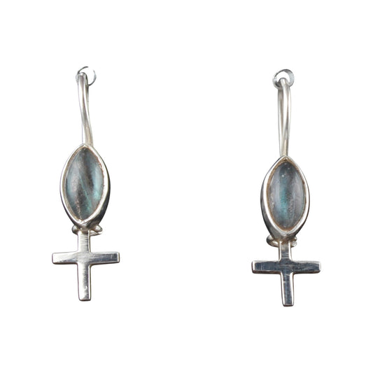 Labradorite Earrings with Cross Charm Handmade Dangle 925 Sterling Silver Natural Gemstone Earrings