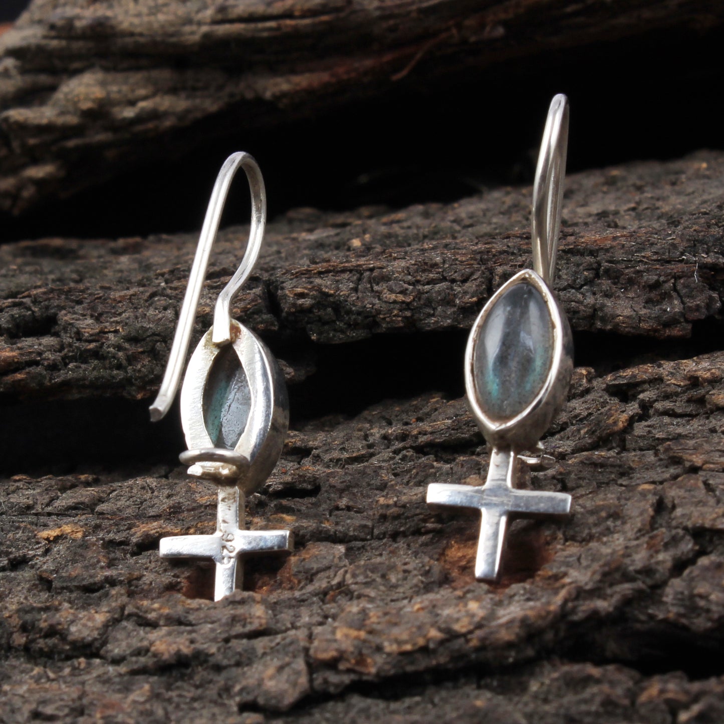 Labradorite Earrings with Cross Charm Handmade Dangle 925 Sterling Silver Natural Gemstone Earrings