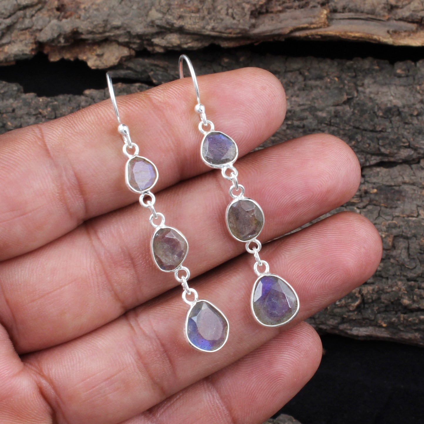 Long Dangle Labradorite Earrings Handmade Bezel 925 Sterling Silver Faceted Gemstone Earrings Jewelry