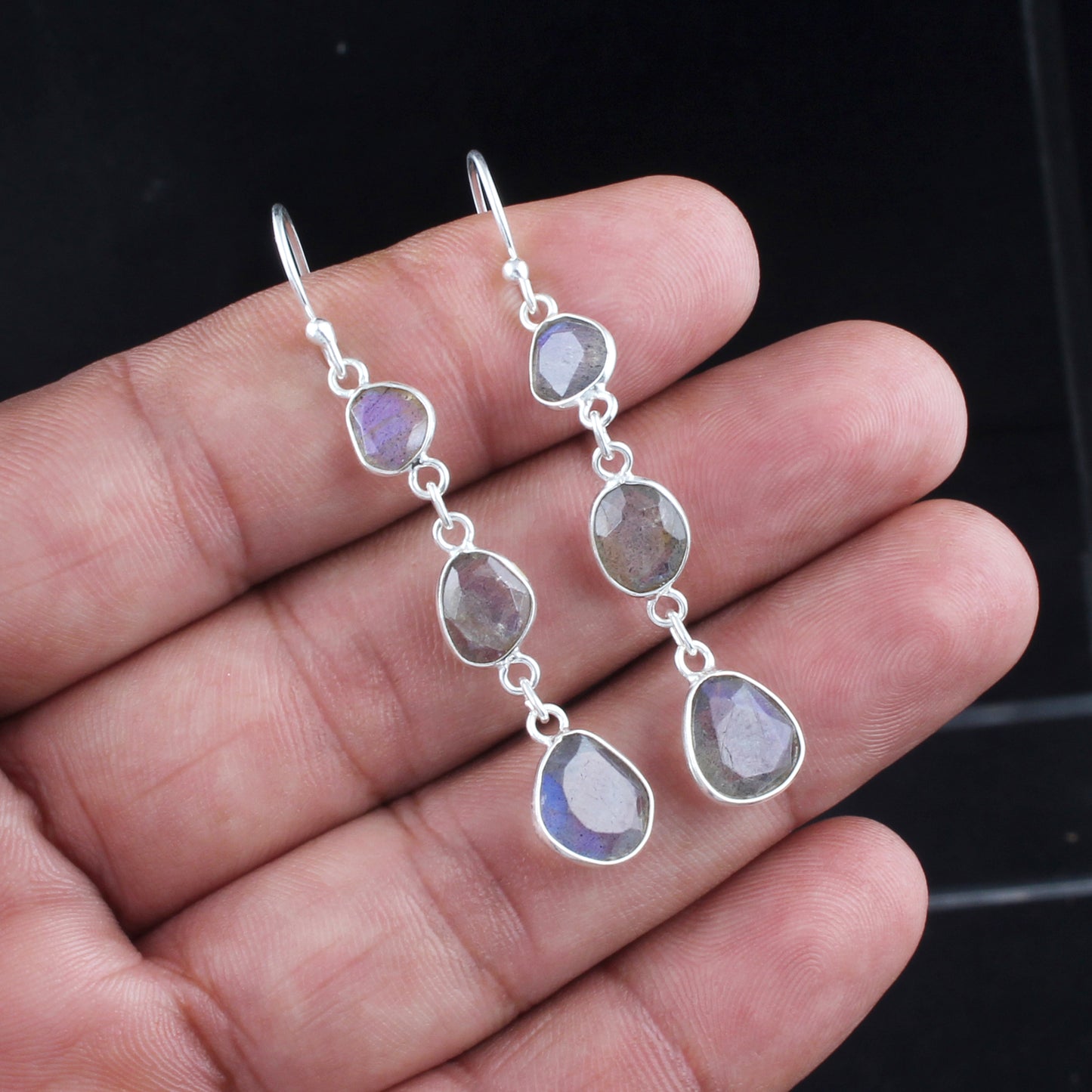 Long Dangle Labradorite Earrings Handmade Bezel 925 Sterling Silver Faceted Gemstone Earrings Jewelry