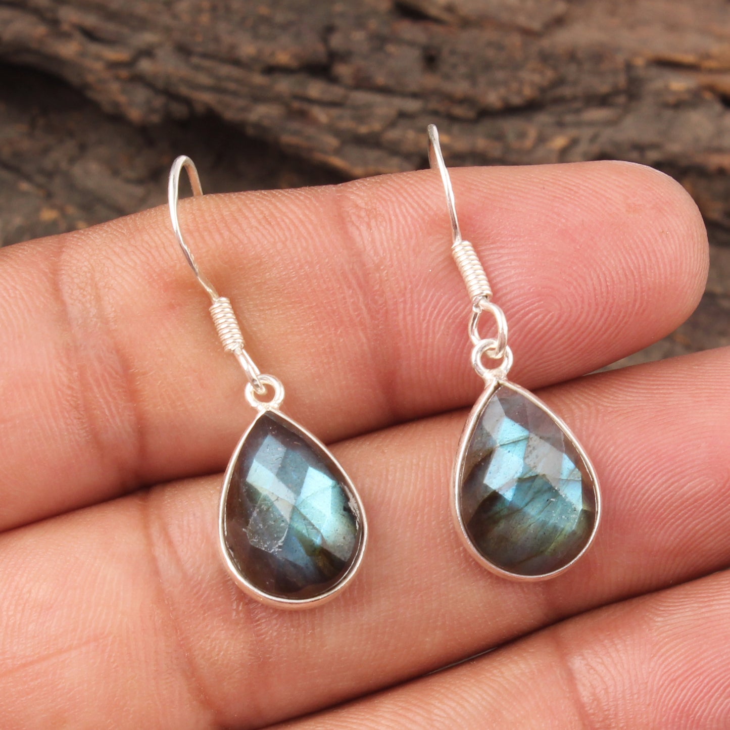 Faceted Labradorite Earrings Handmade Bezel 925 Sterling Silver Pear Gemstone Earrings Jewelry Gift For Her
